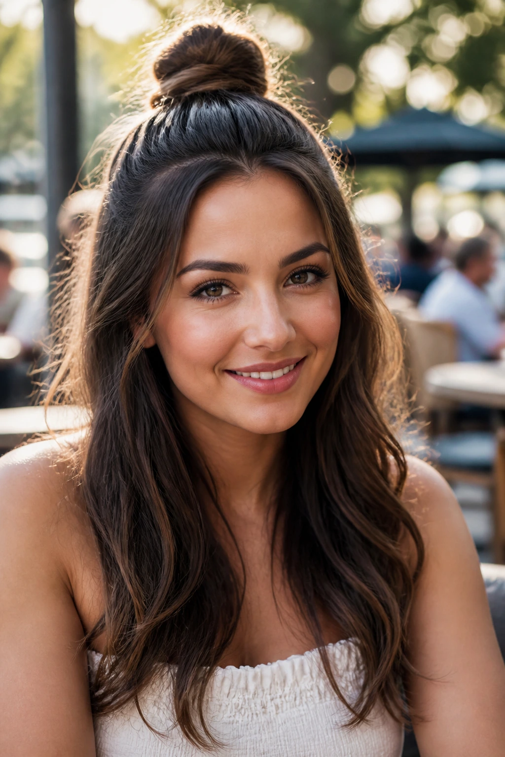 Portrait of a woman with half-up top knot in outdoor setting