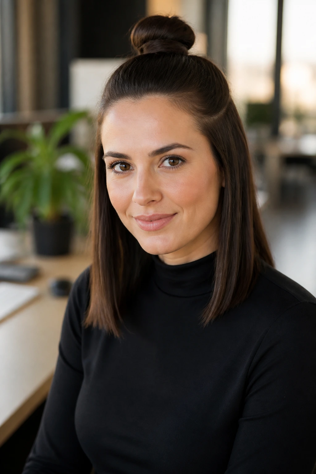 Half-Up Top Knot hairstyle on a real woman in a modern office space.