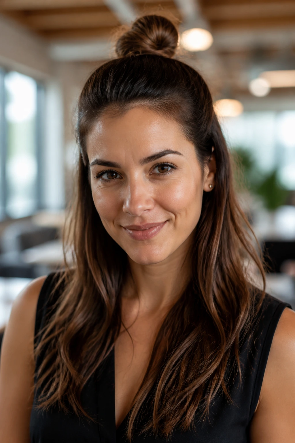 Close-up of a woman with a half-up top knot in a bright office space