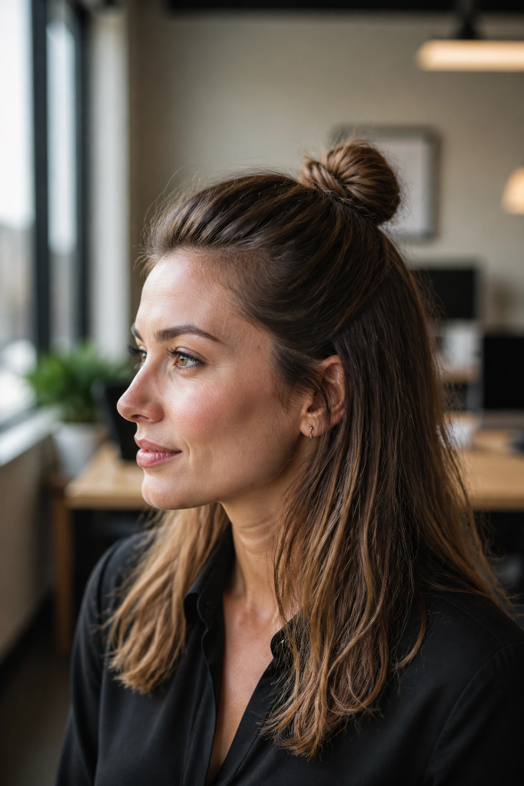 Close-up of a woman with a small top knot and loose hair in an office setting