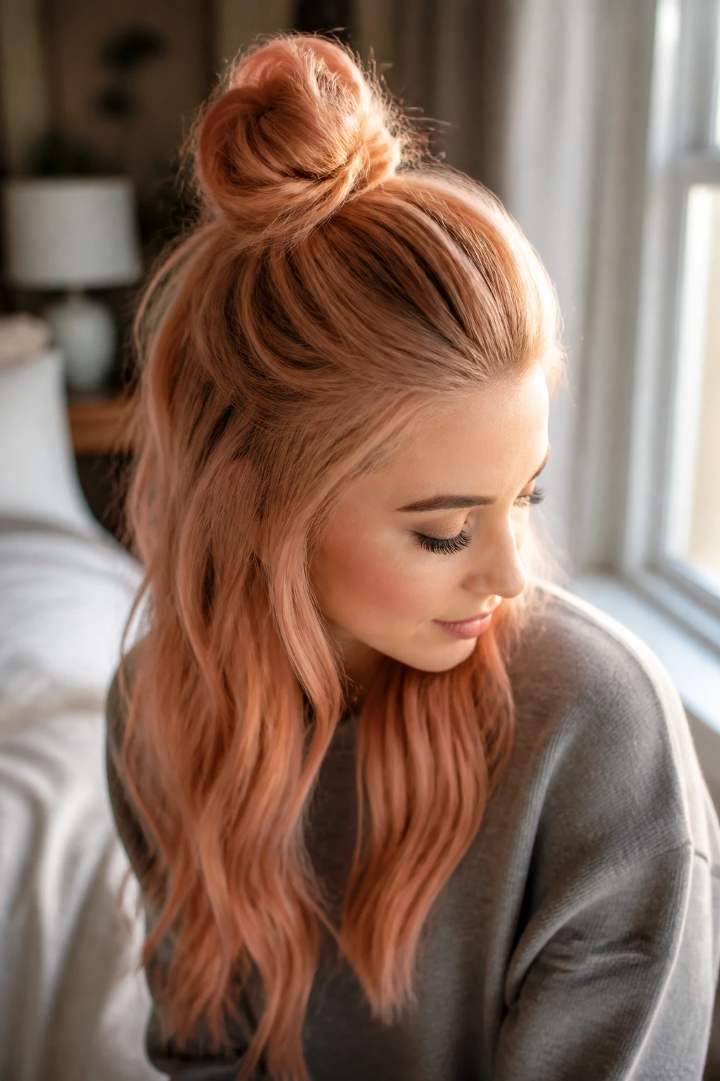 Close-up of real person with a half-up top knot in peach nude hair
