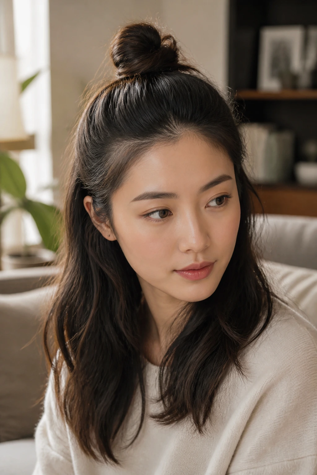 Close-up of a woman with half-up top knot hairstyle
