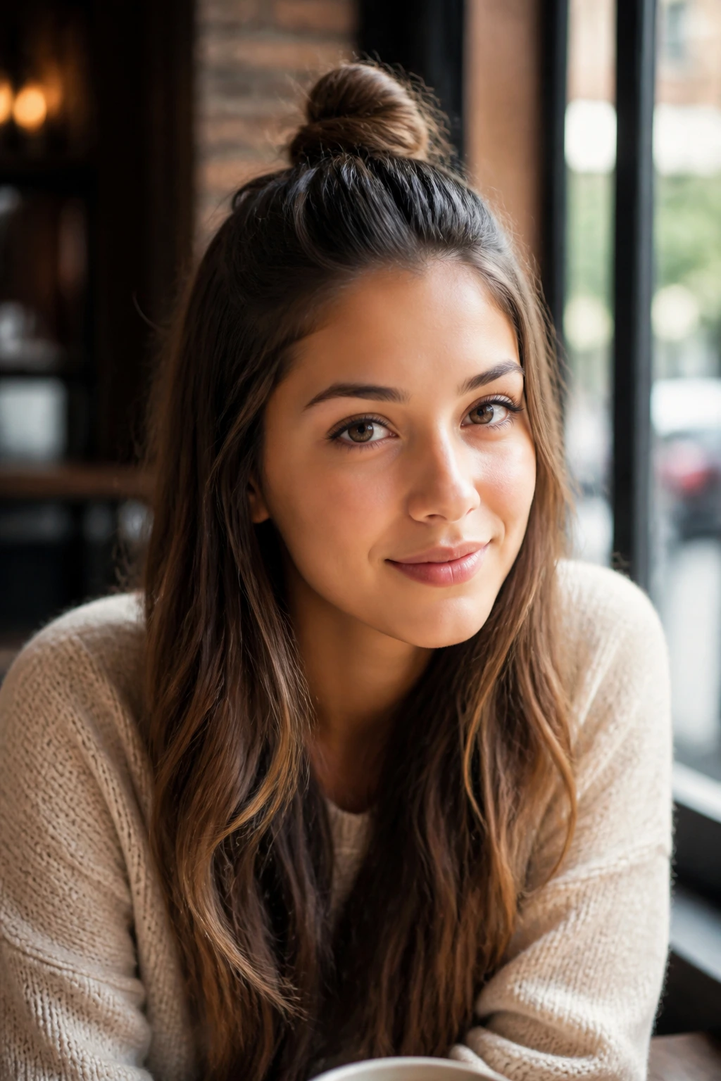 Close-up portrait of a woman with a half-up top knot