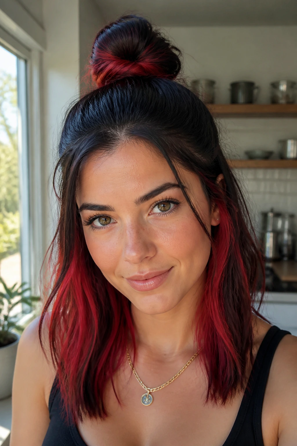 Close-up of woman with half-up top knot showing red underlayers