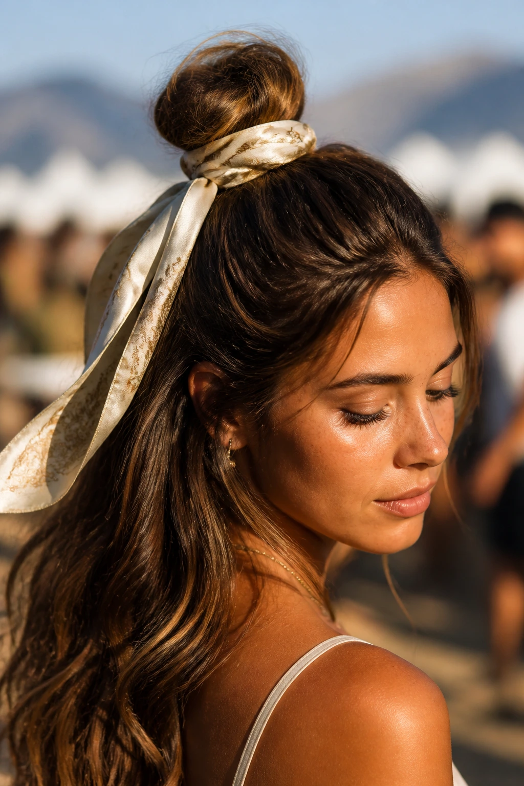 Close-up of a real person with a half-up top knot and silk ribbon