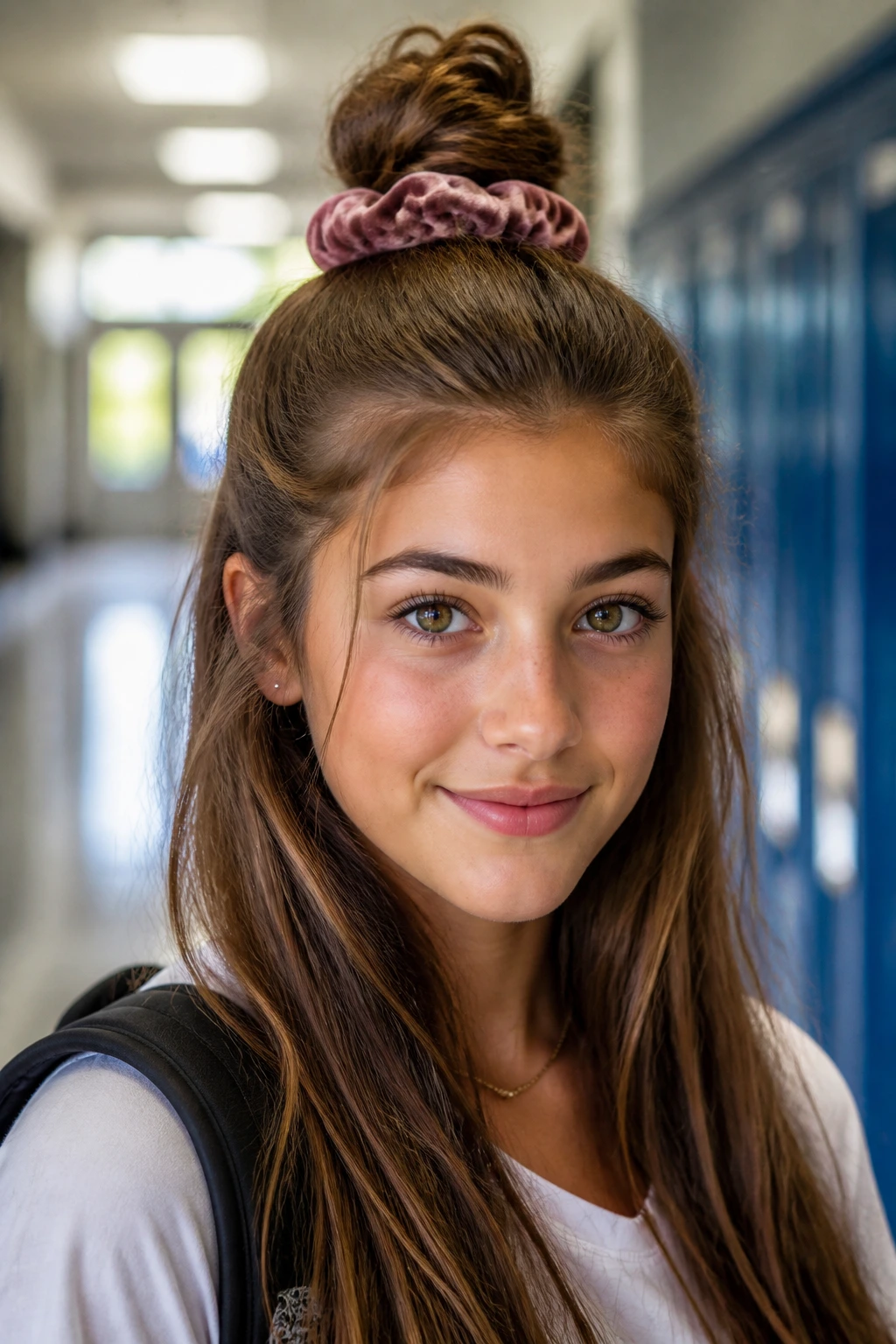 Close-up of a real student with a half-up top knot and velvet scrunchie