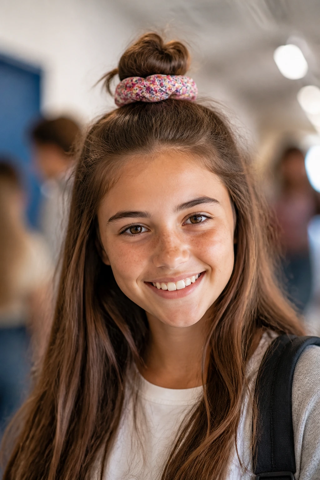 Close-up of a real student with a half-up top knot and scrunchie in a classroom