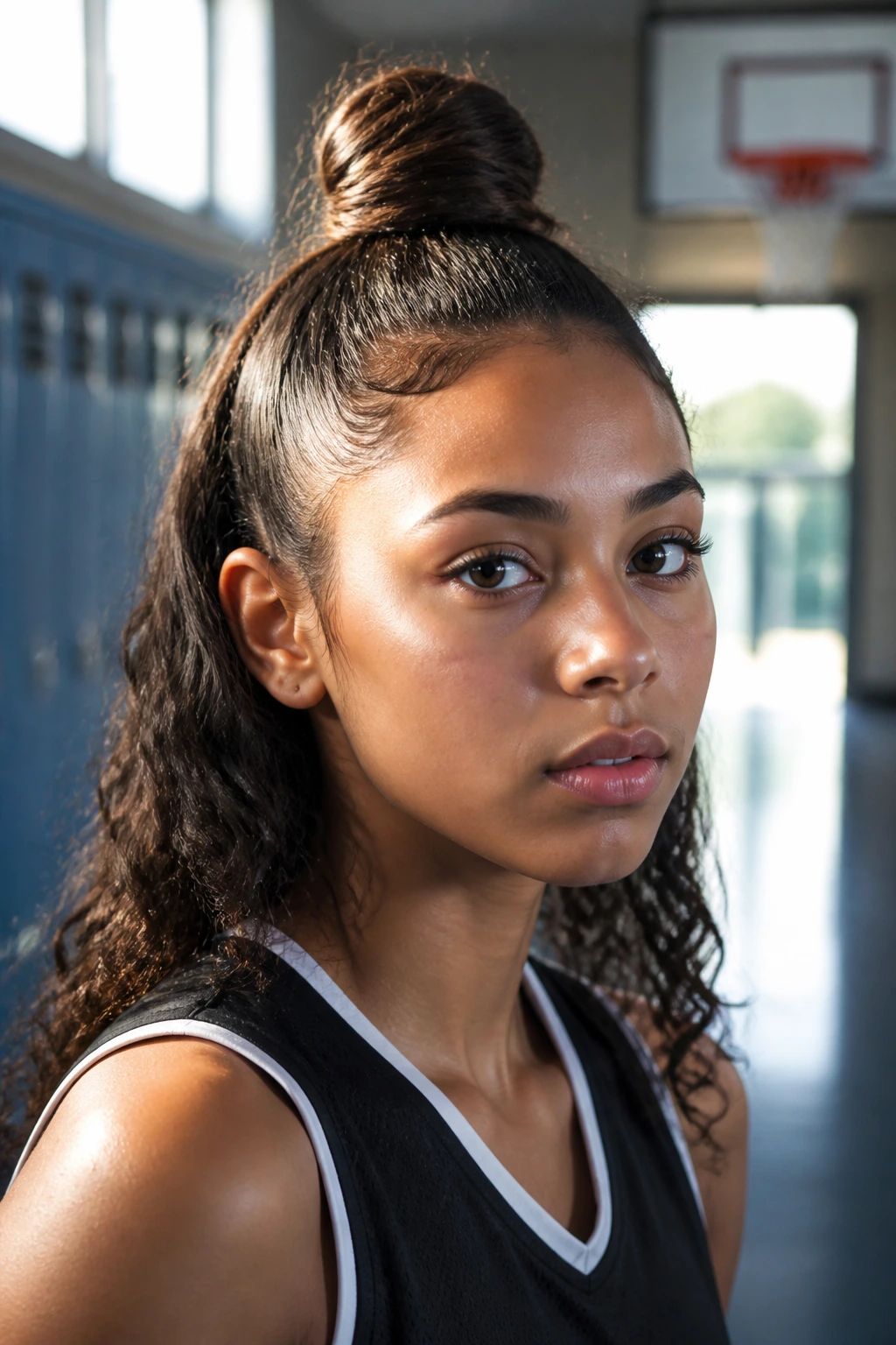 Close-up portrait of a real student athlete wearing a half-up top knot with secured sides.