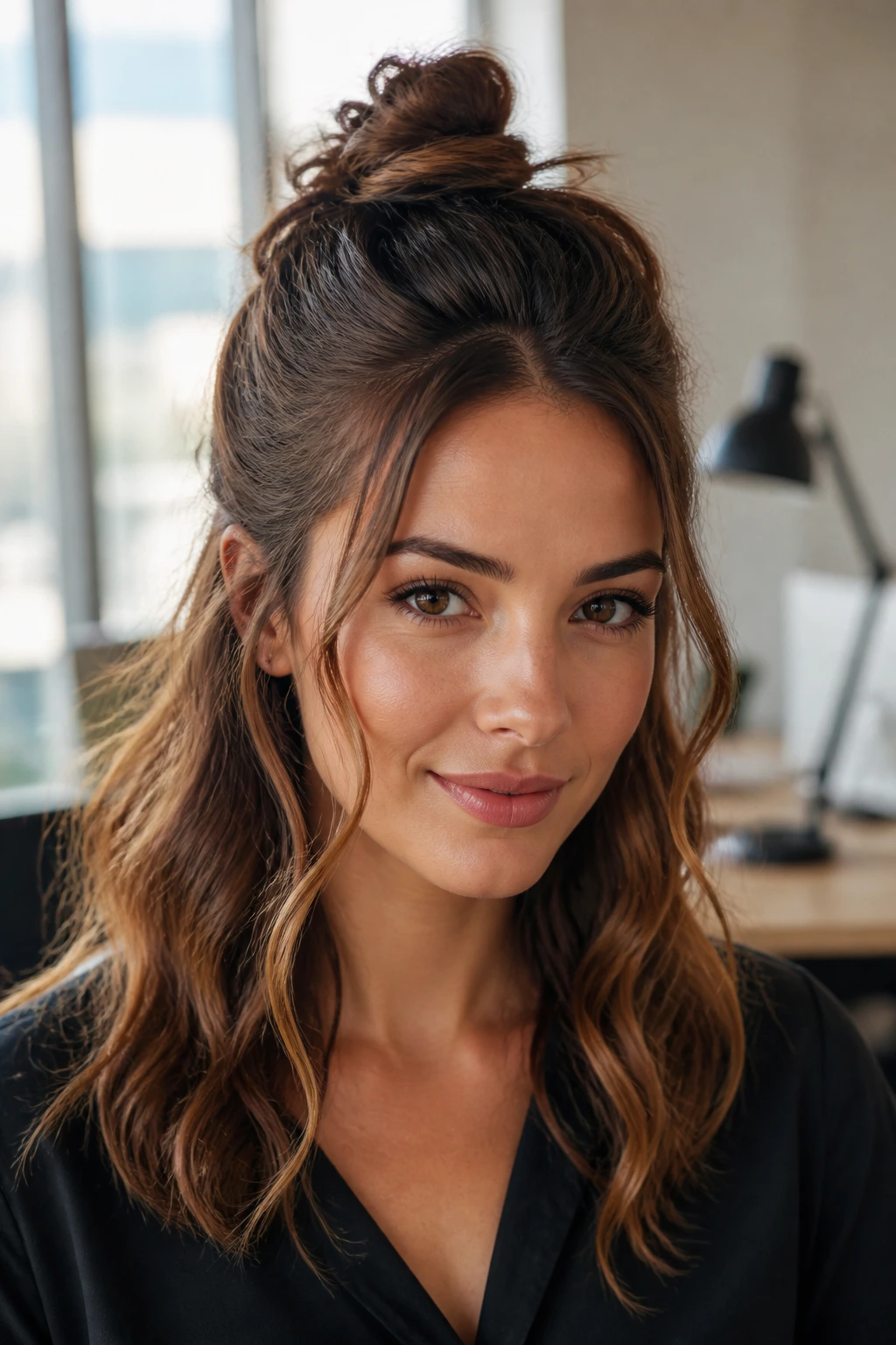 Close-up of a real woman with half-up top knot and face-framing tendrils in a bright office setting