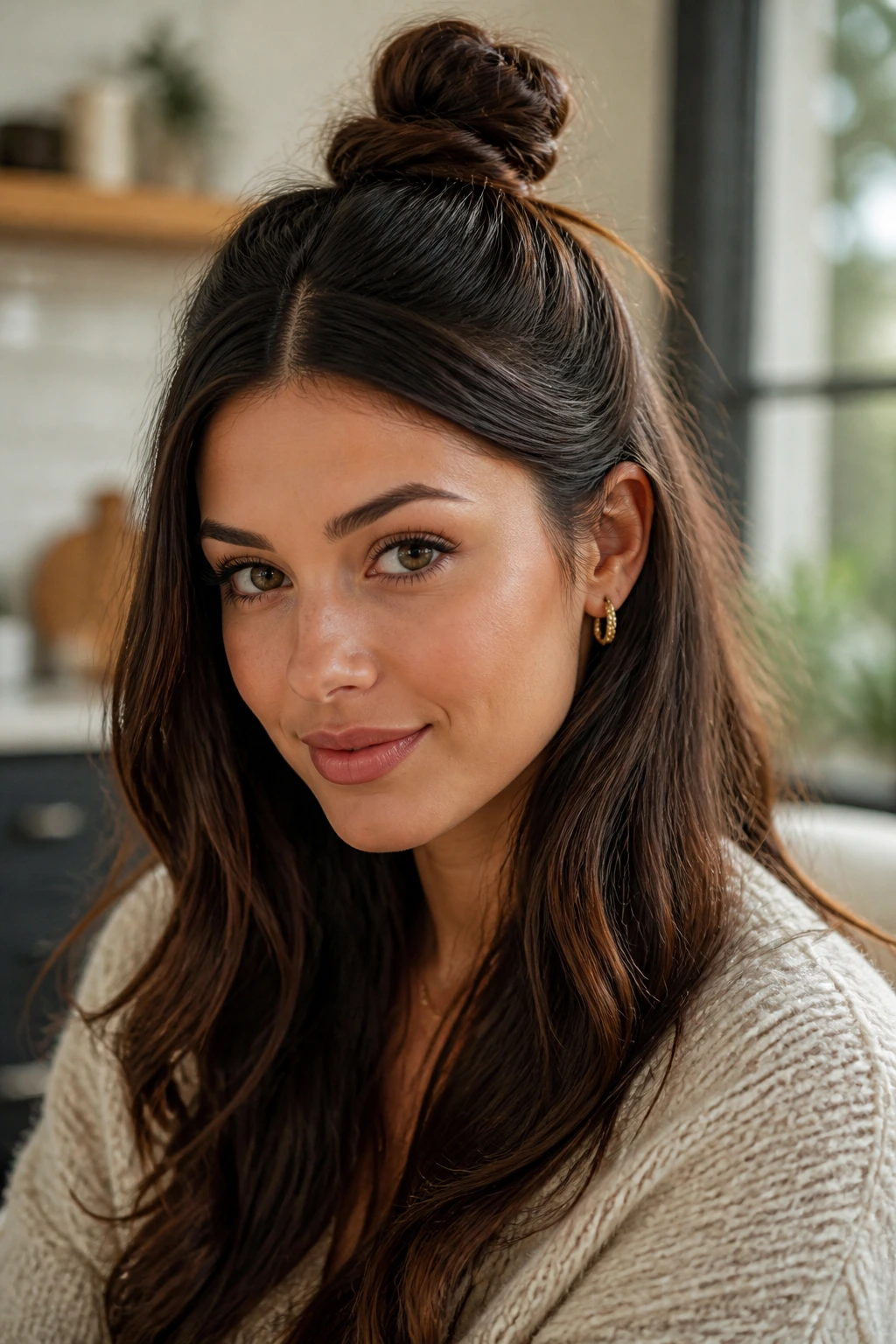 Close-up portrait of a real woman with a half-up, half-down top knot