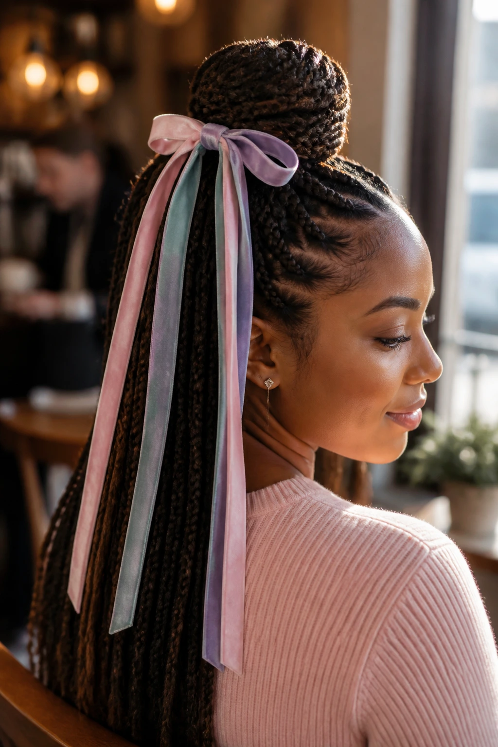Close-up of a real person with half-up top knot and pastel velvet ribbons.