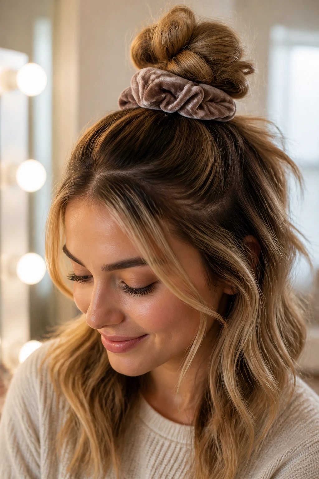 Close-up of real woman with half-up knot secured by velvet scrunchie