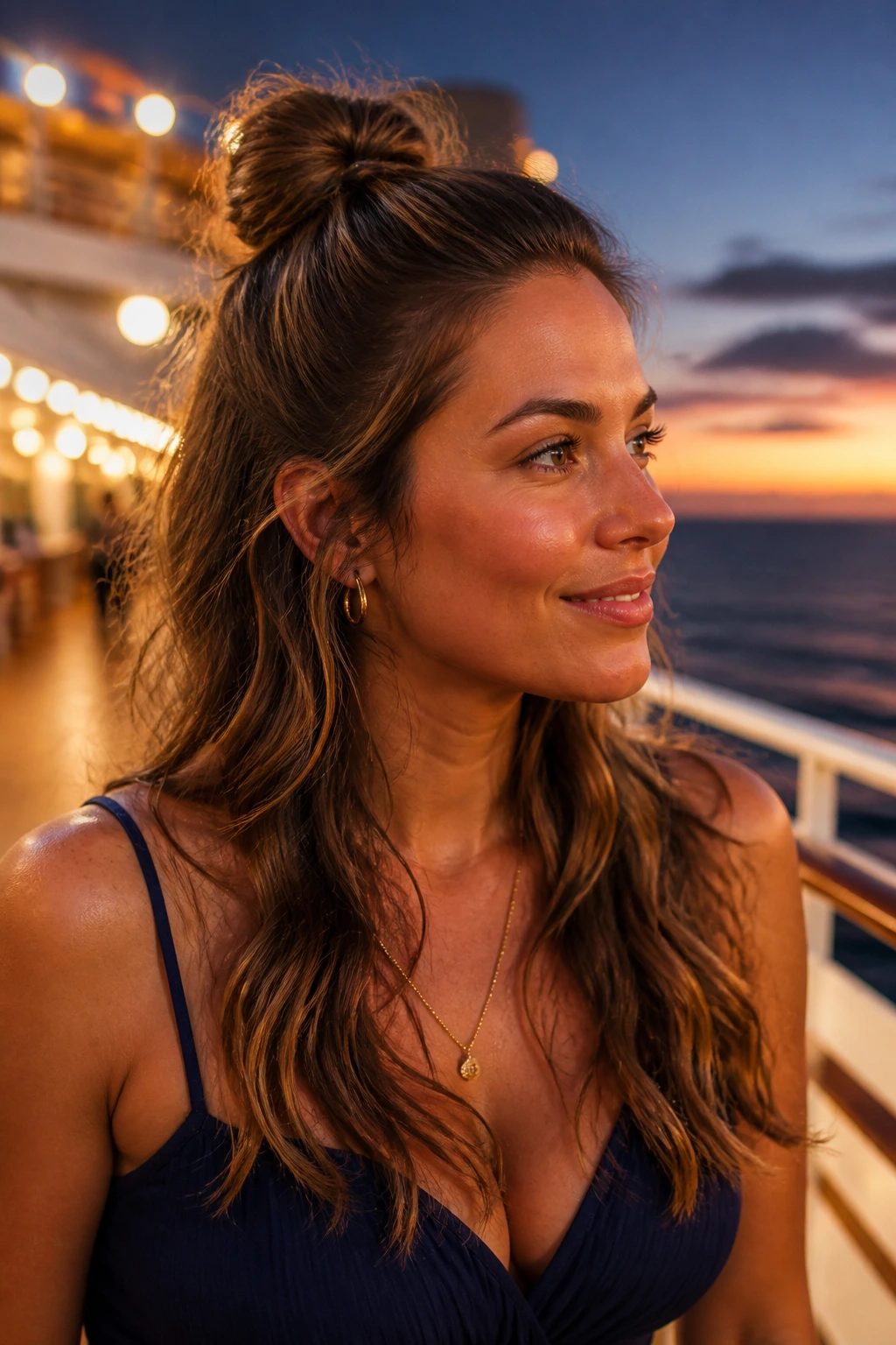 Close-up of a woman with a half-up top knot and soft waves on a ship deck at dusk.