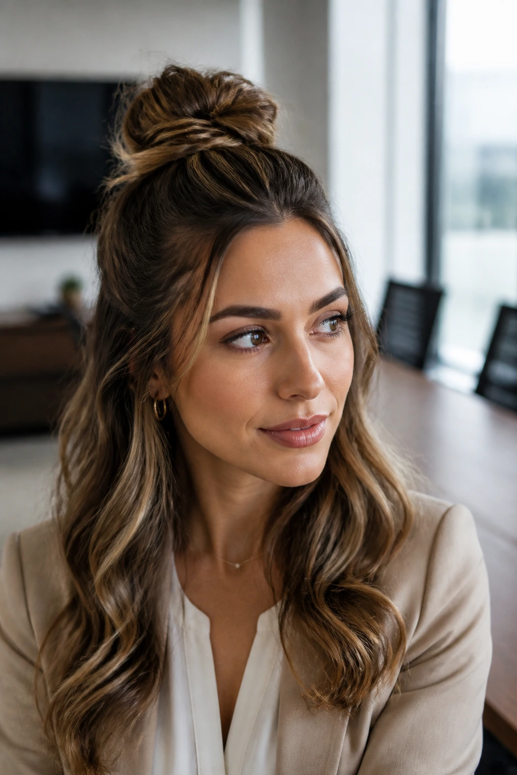 Portrait of a real person with half-up top knot and loose waves in an office setting.