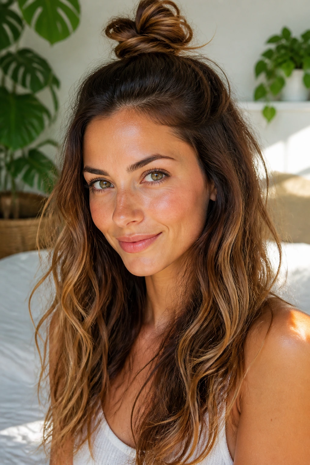 Close-up of a real person with a half-up top knot and waves, sunlit mood.