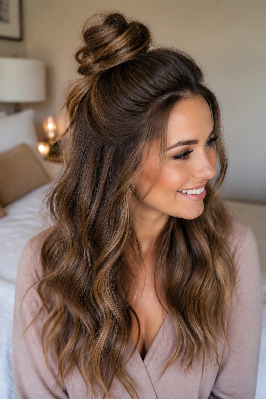 Real woman with half-up top knot and flowing waves in warm window light