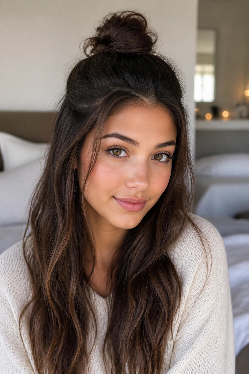 Close-up of a real woman with a crown top knot in a softly lit bedroom