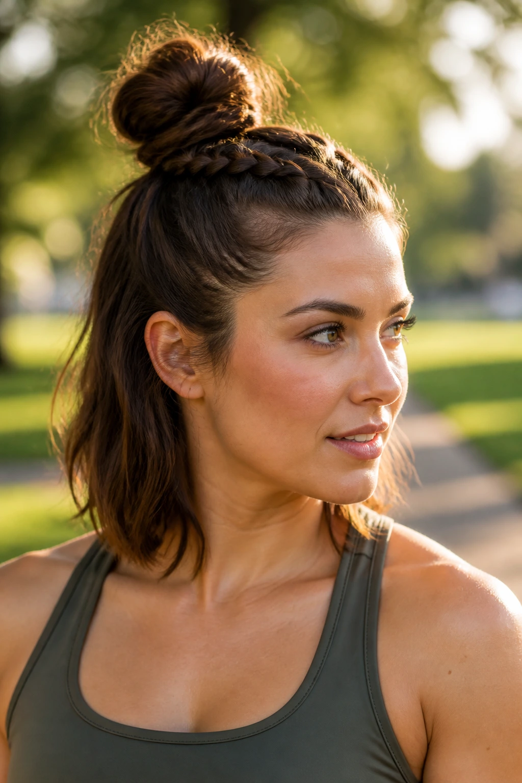 Close-up of a real woman with a half-up topknot and braided base