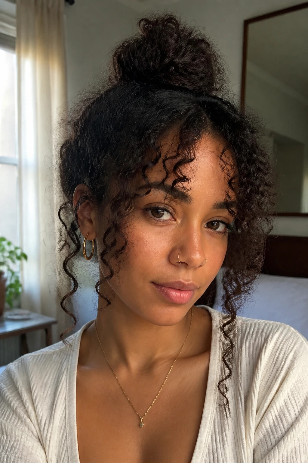 Portrait of real person with half up topknot and face framing curls in soft daylight