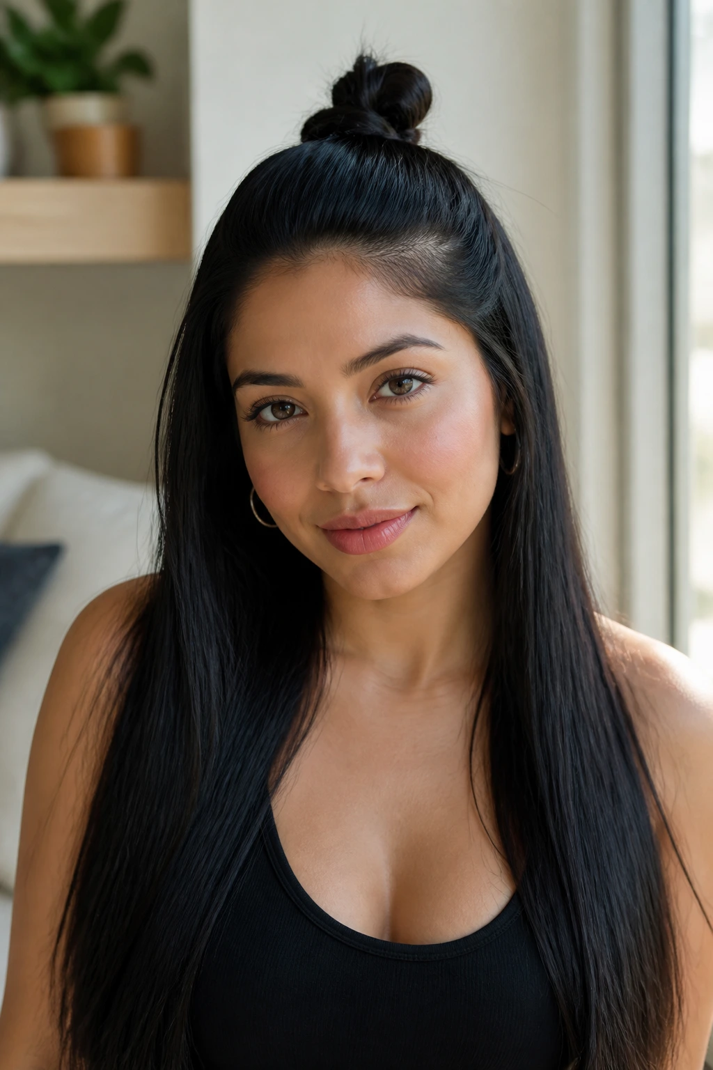 Close-up of a real Latina with a half-up half-down top knot.