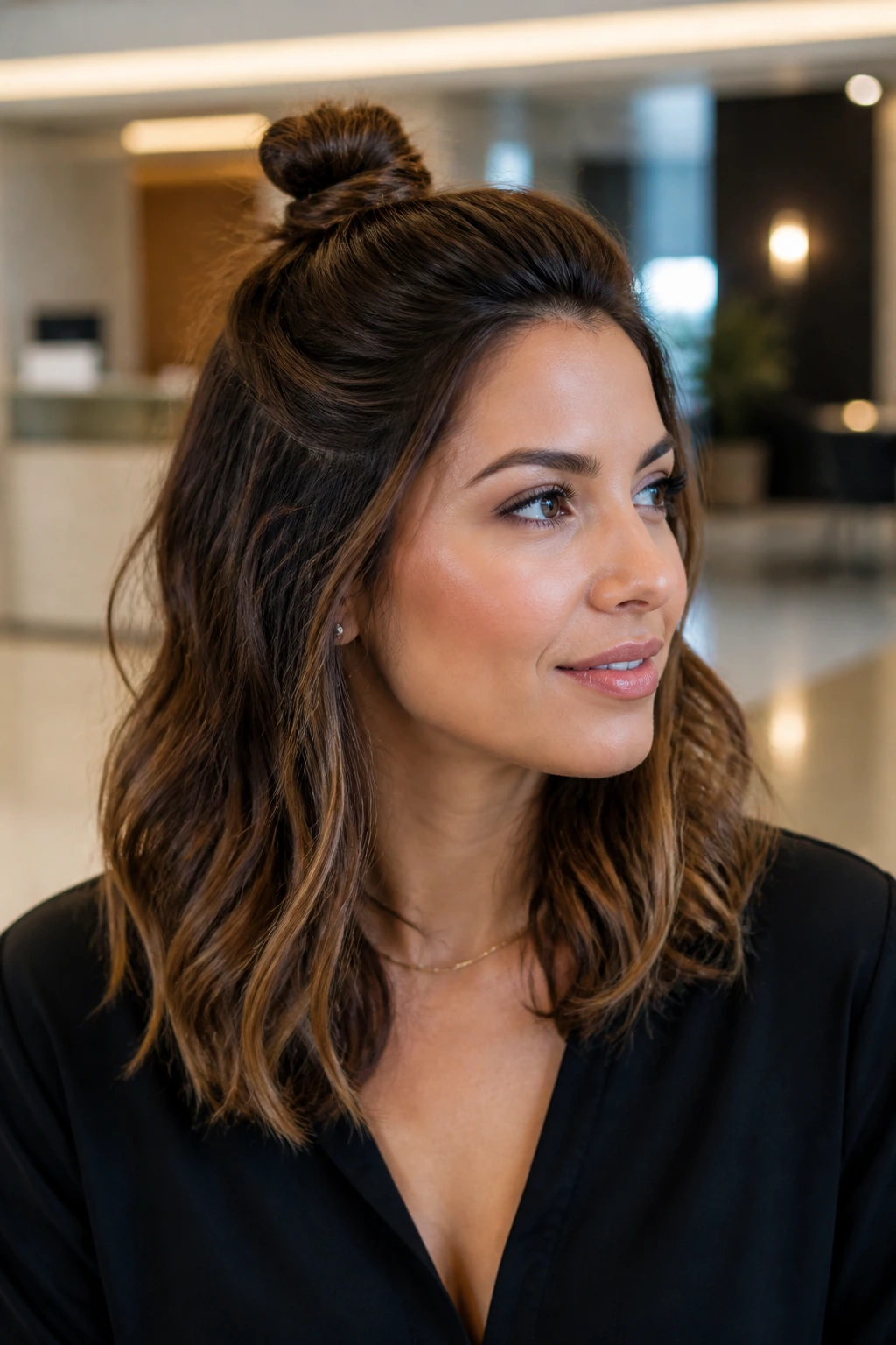 Close-up of a real woman with a half-up top knot in an office lobby setting.
