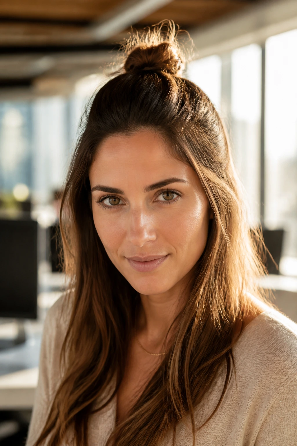 Portrait of a person with a half-up topknot lift hairstyle