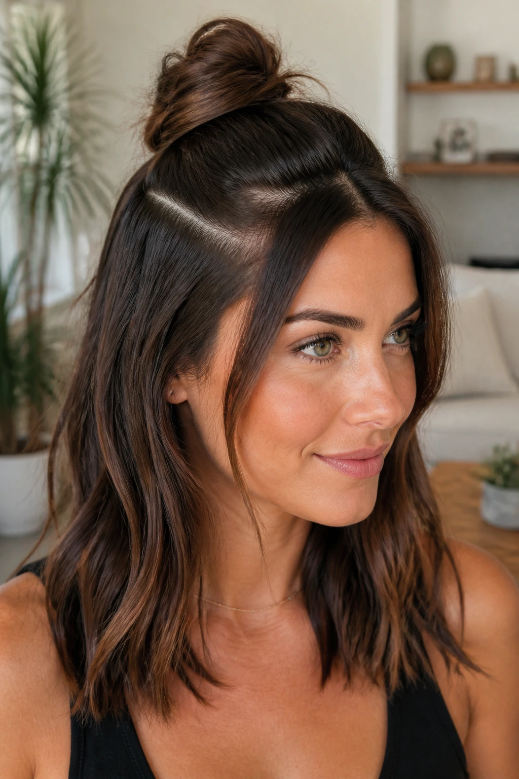 Close-up image of a real woman with a half-up topknot and clean sections.