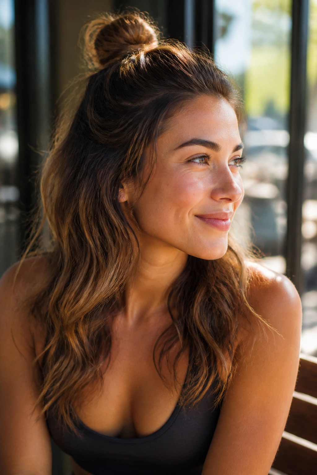 Close-up of a real woman with half-up topknot and textured waves