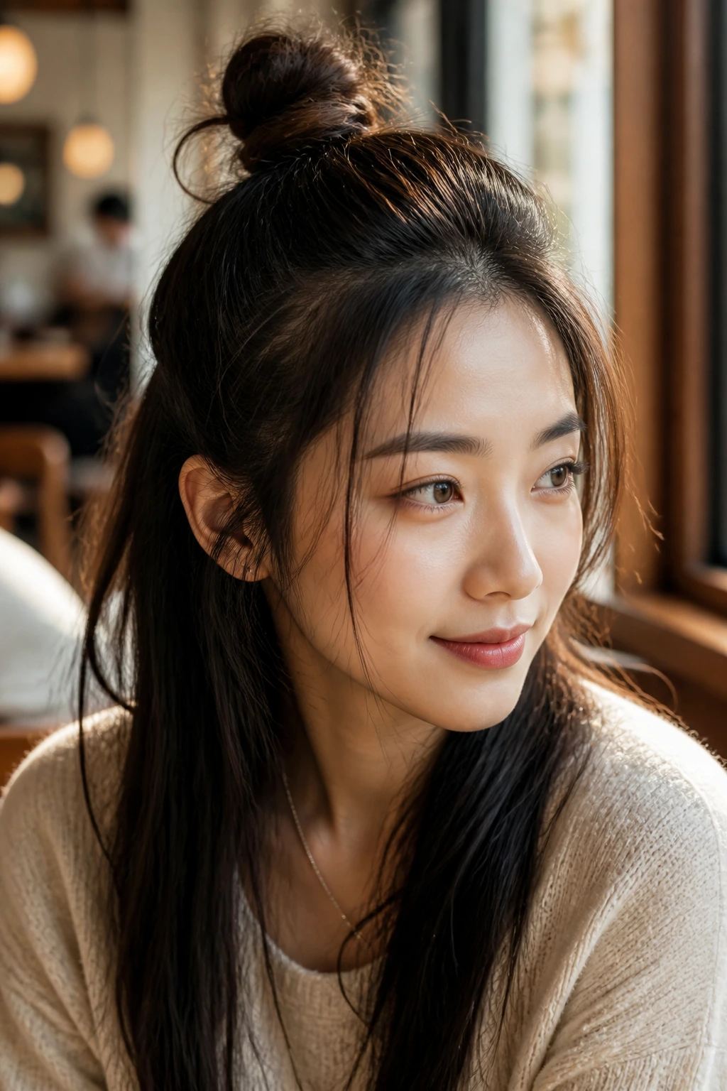Close-up portrait of a person with wispy half-up topknot hairstyle