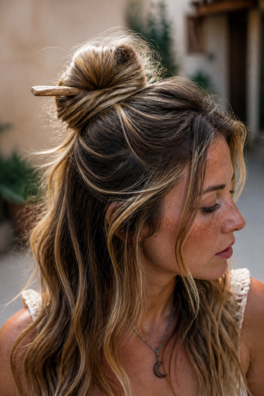 Close-up of half-up topknot with wooden hair pin on a real person