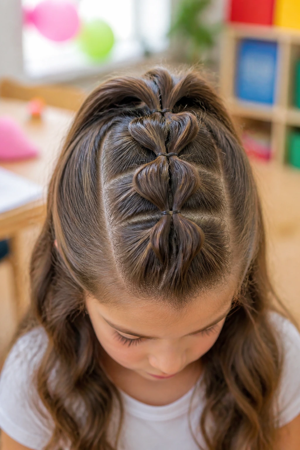 Close-up of a child showing half-up topsy-tail ponytails with inverted twists