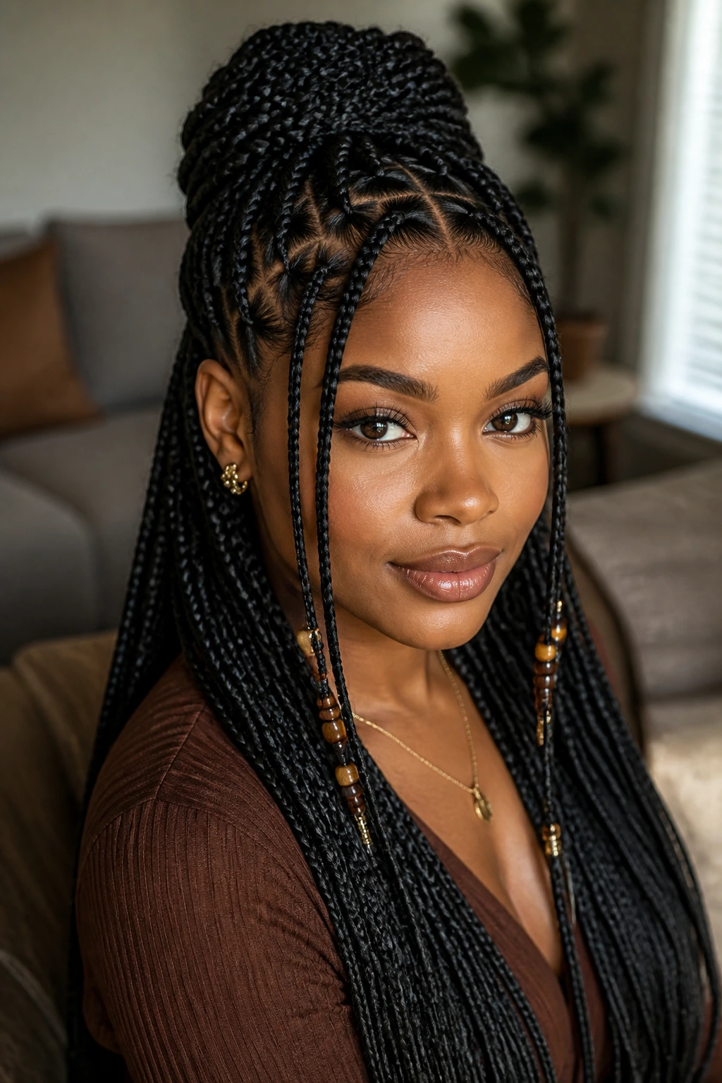 Real woman with Fulani-inspired half-up braids in warm indoor light