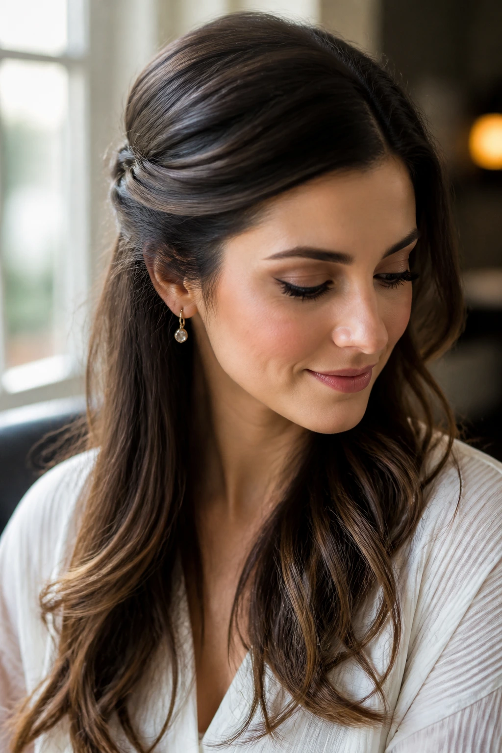 Close-up of a real woman with a half-up glamour twist and deep side part