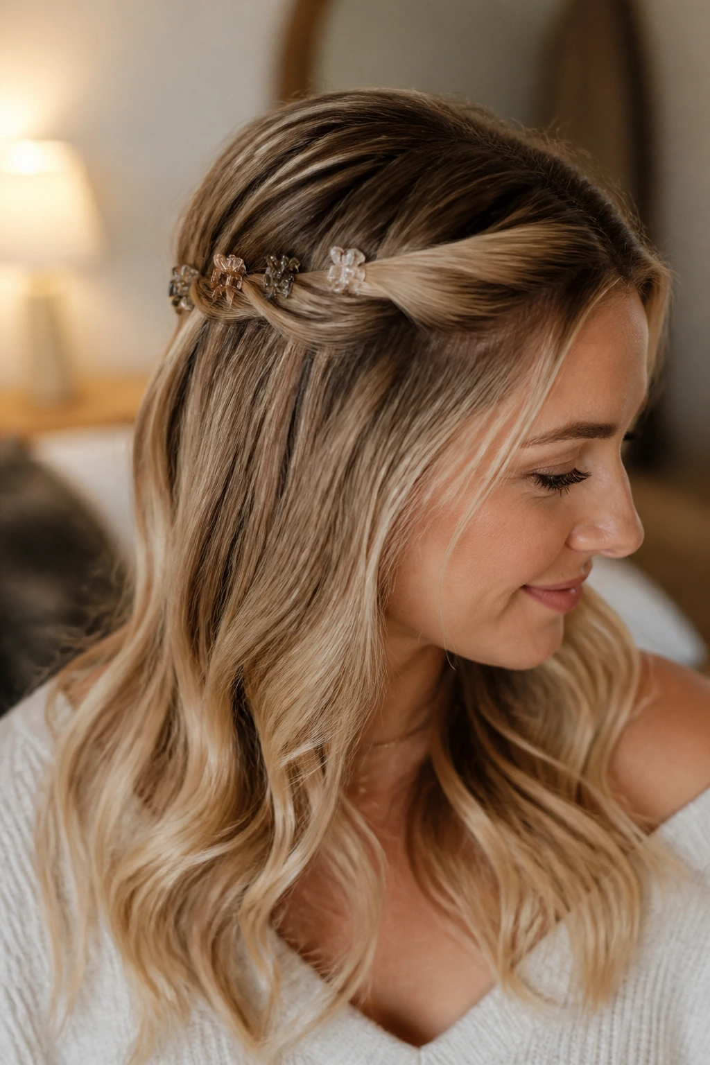 Close-up portrait of woman wearing a half-up twist secured with mini claw clips