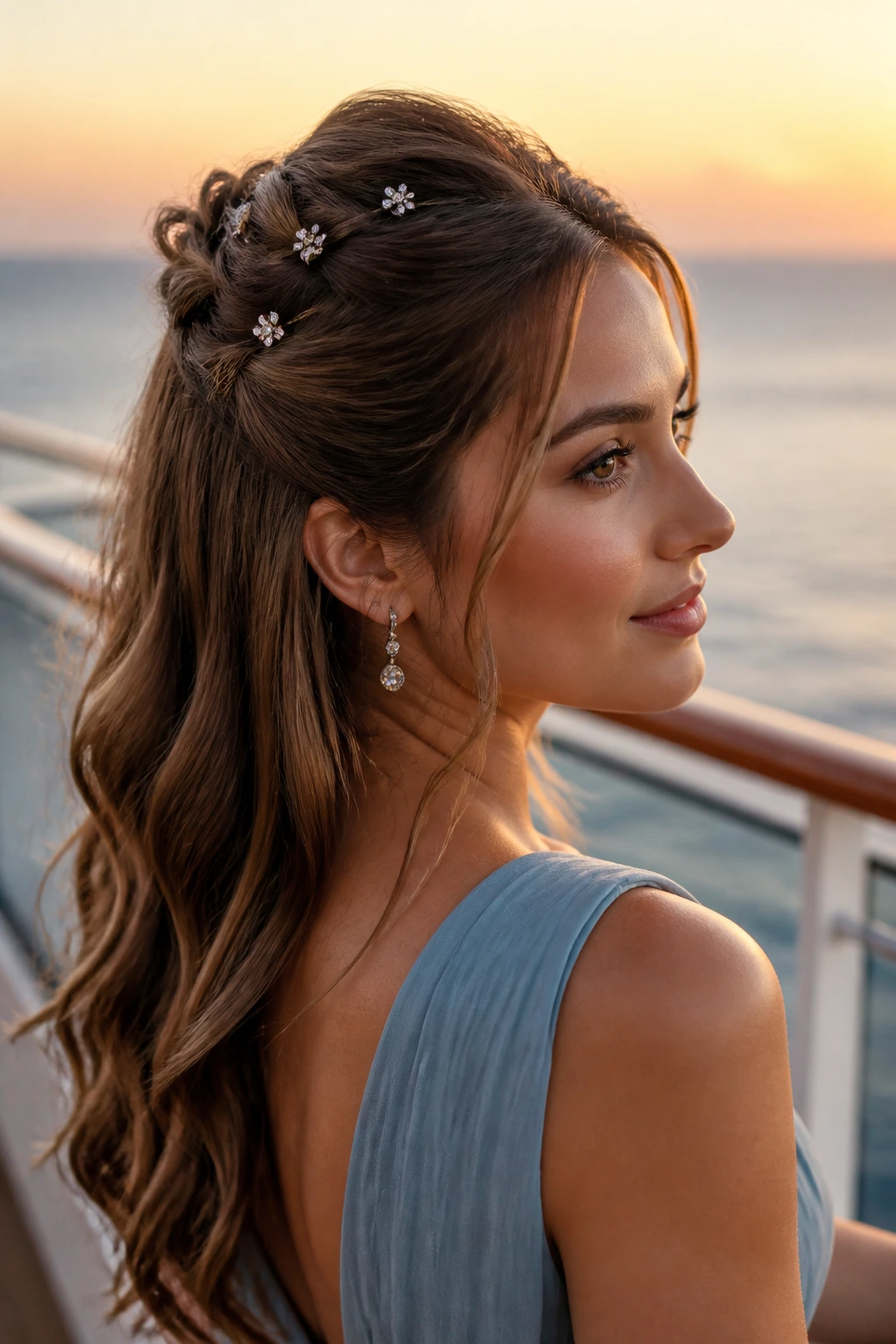 Close-up of a woman with a half-up twist and mini clips on a cruise ship