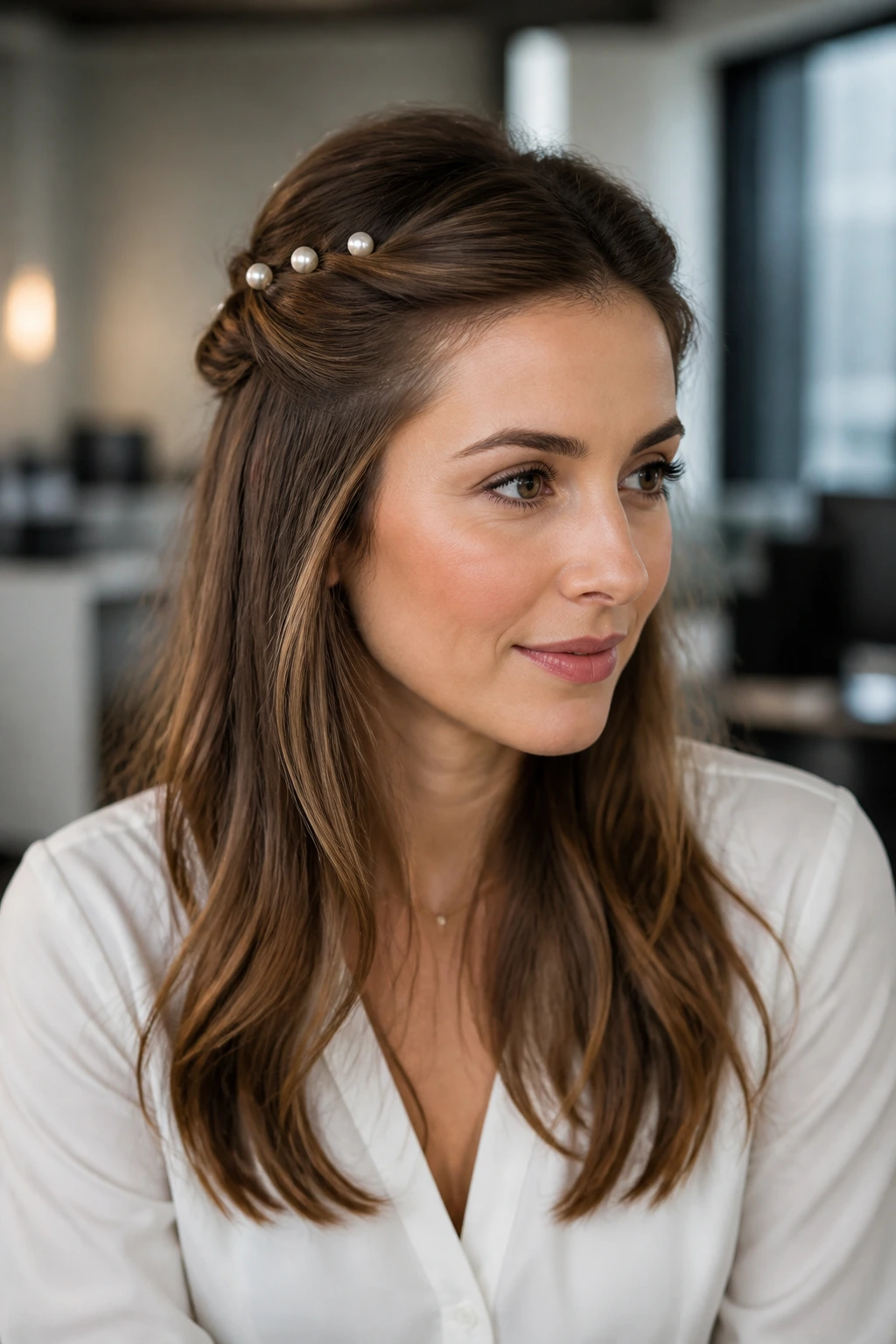 Close-up of a real woman with a half-up twist and pearl pins in an office setting