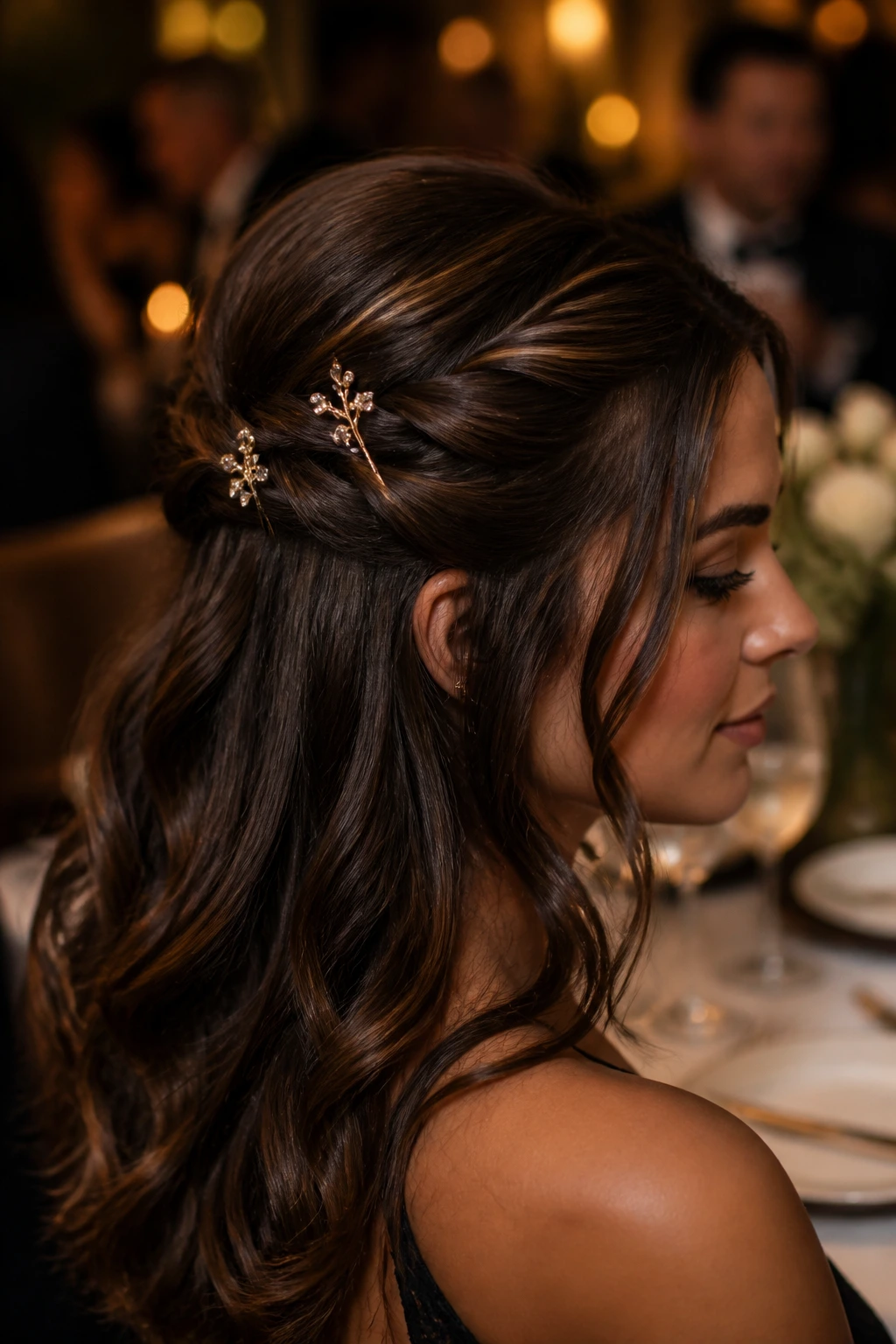 Close-up of a real woman showing a half-up twist with decorative pins in chocolate brown hair