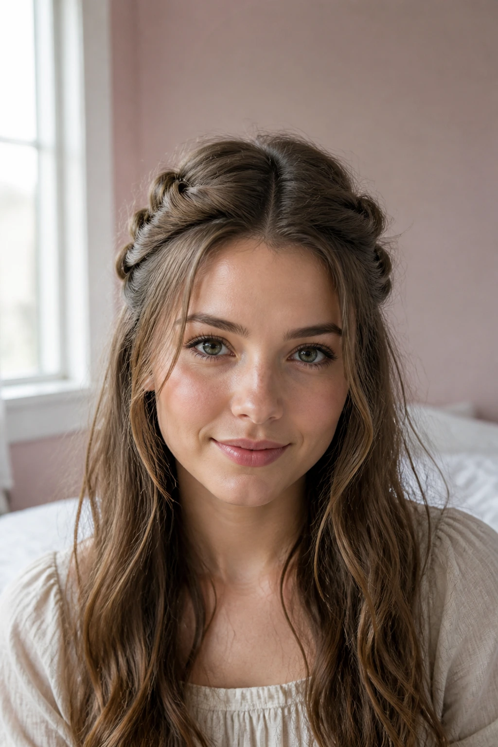 Front portrait of a real person with half-up twisted crown secured by a clip