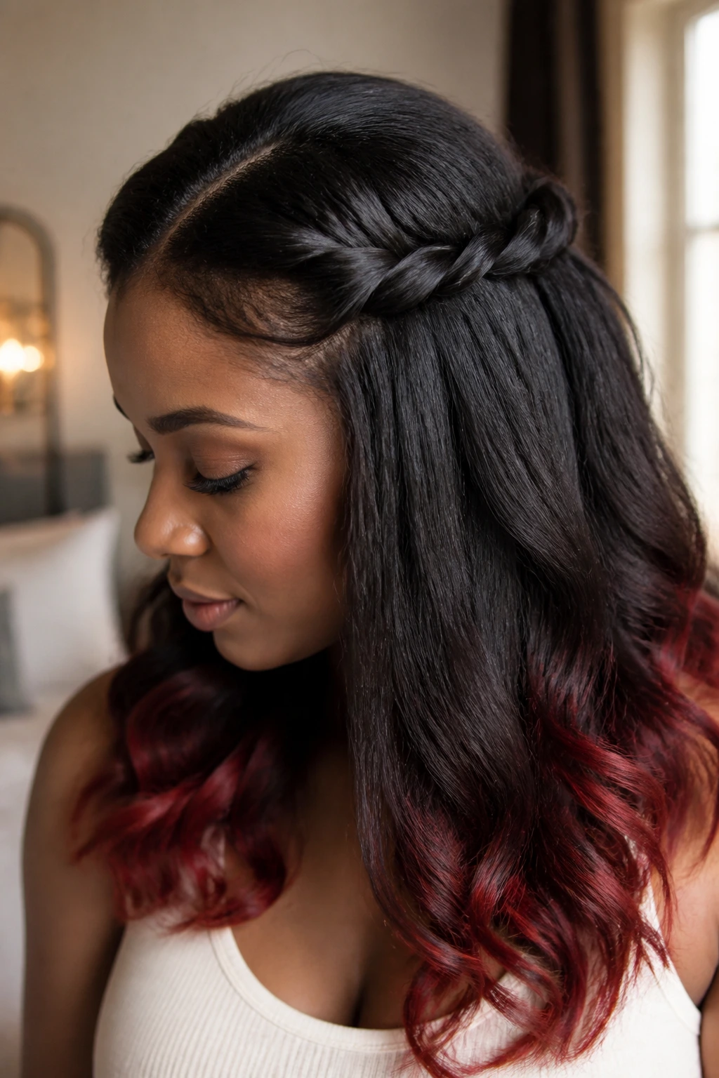 Close-up of a real woman with two front twists forming a crown, red tips at ends, soft indoor light.