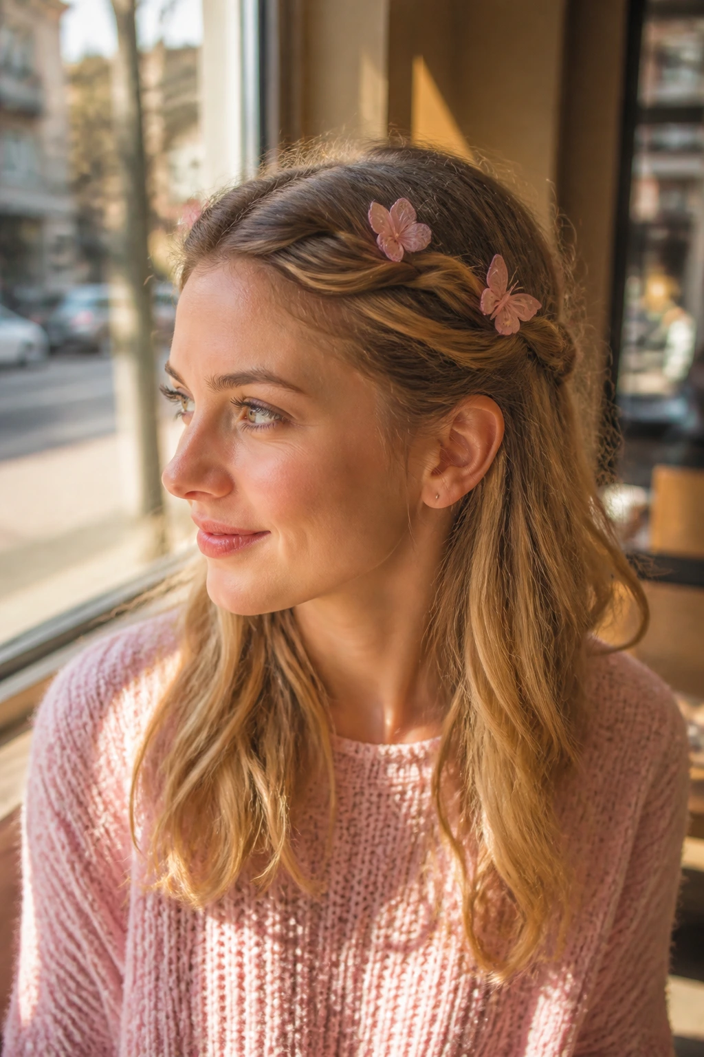 Close-up of a real woman with half-up wrapped hair and pink butterflies tucked into twists
