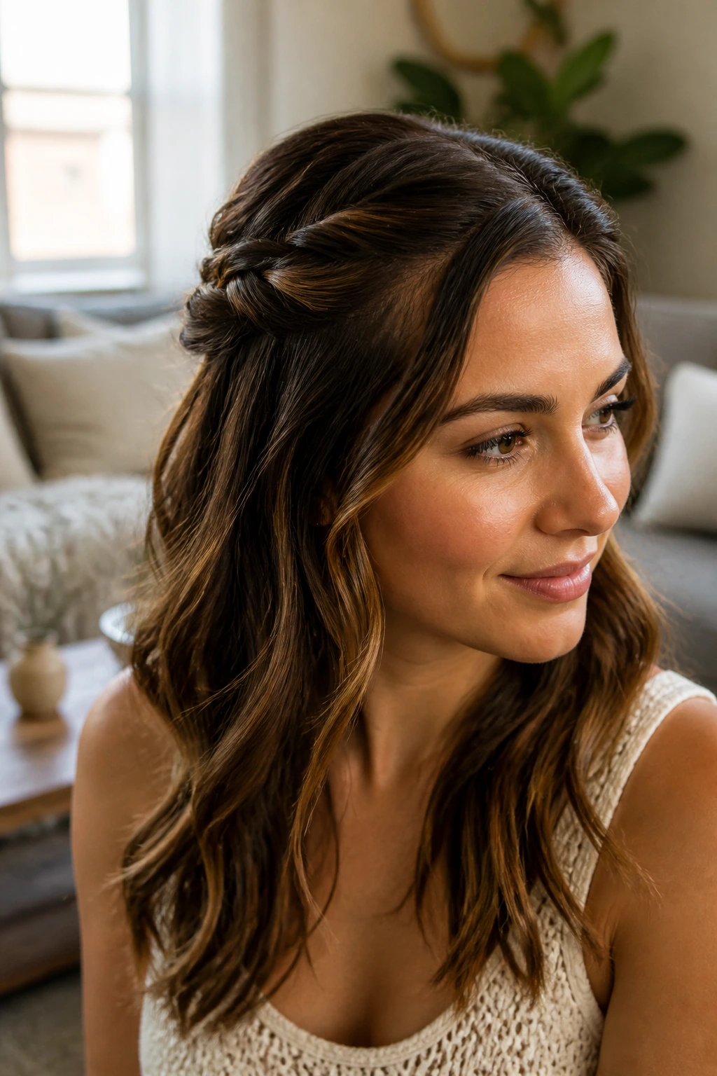 Close-up of a real woman with half-up twist hairstyle in a cozy room