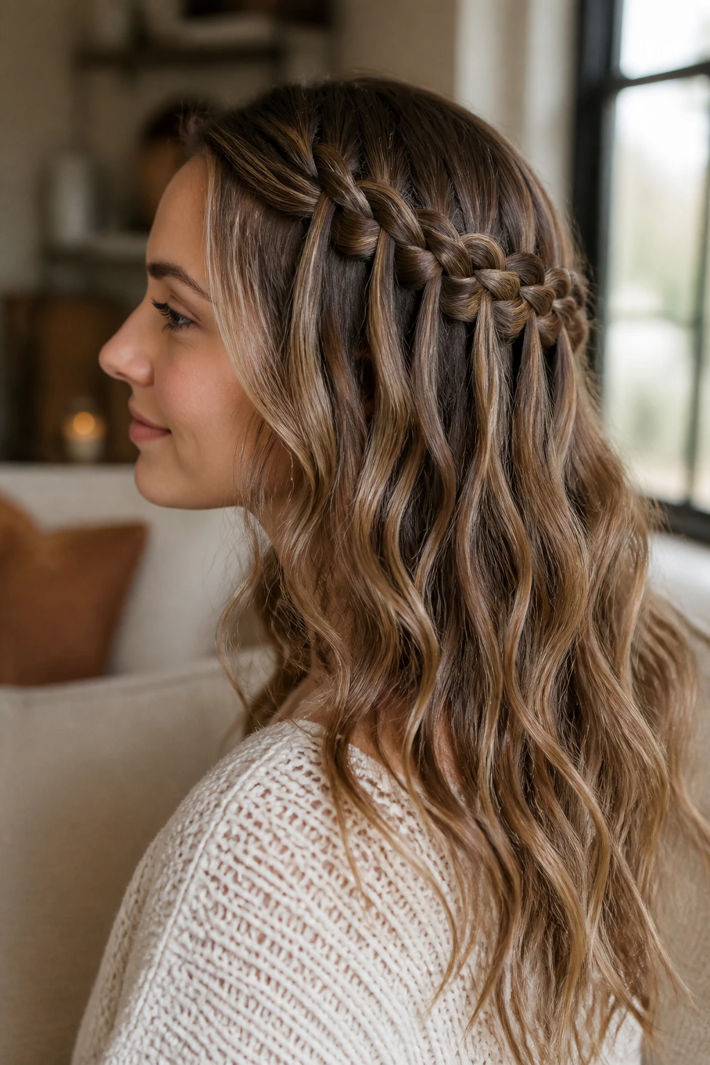 Profile of real woman with half-up waterfall braid in cozy room