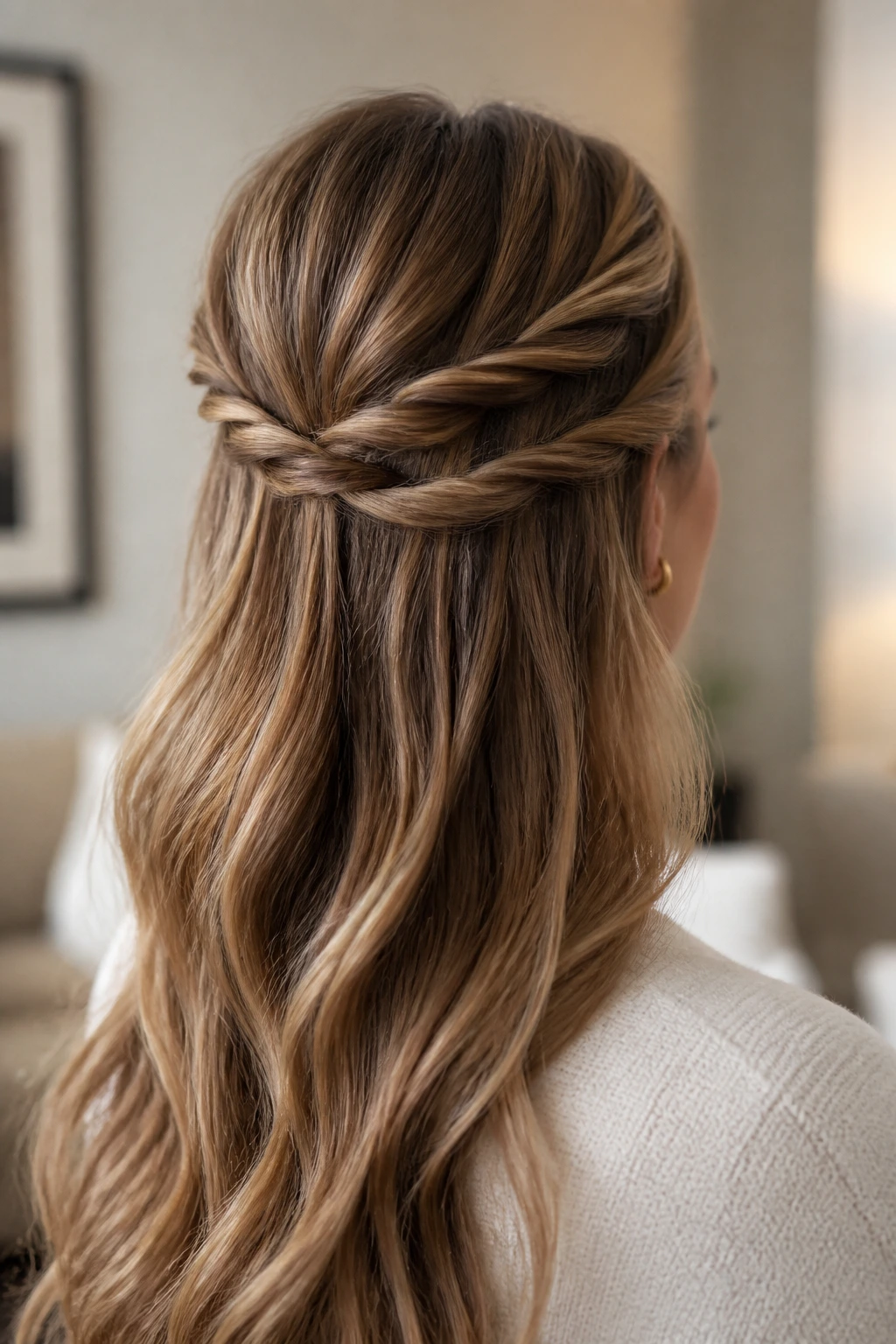 Close-up of a real woman with a half-up waterfall twist hairstyle