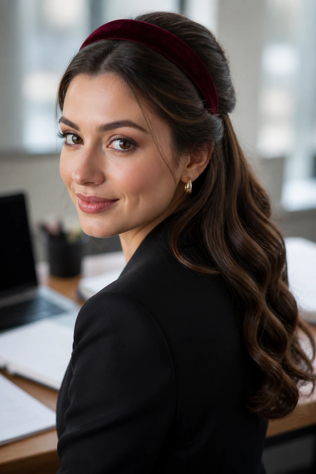 Portrait of a real woman with half-up smooth waves and burgundy velvet band in an office