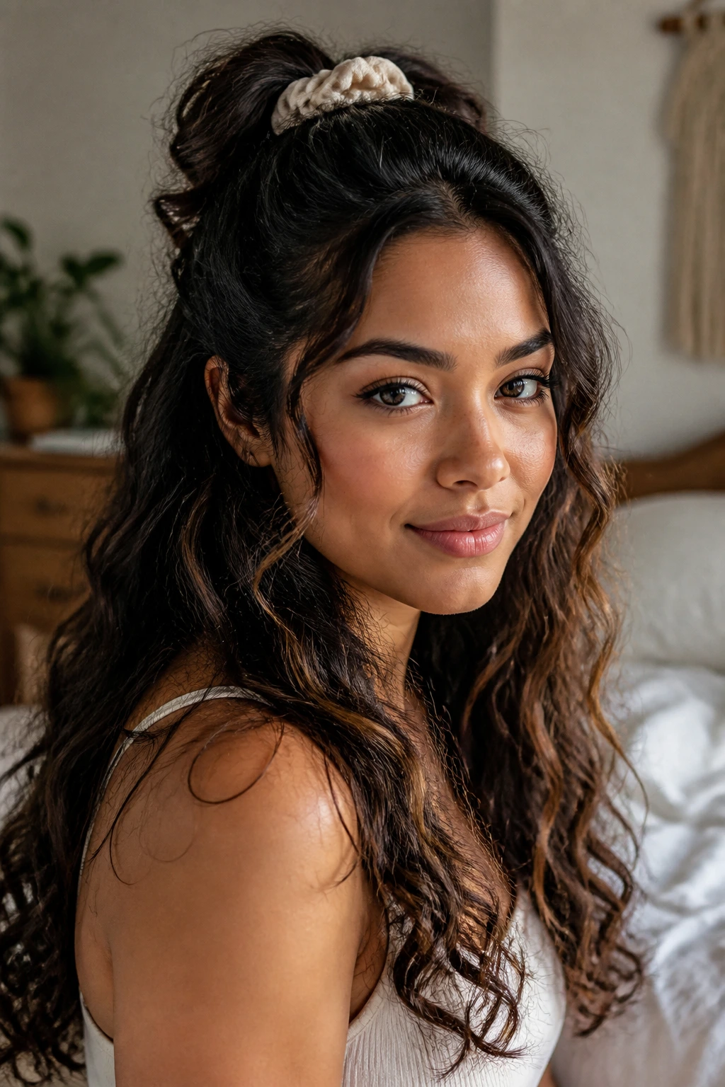 Close-up portrait of a real Latina woman with a half-up hairstyle featuring soft waves and texture, secured with a soft scrunchie
