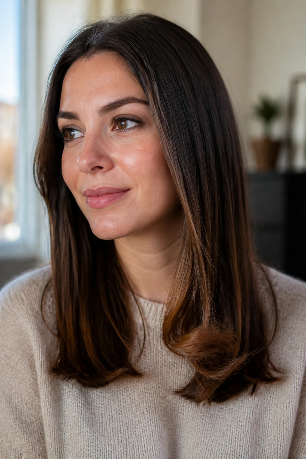 Close-up of a woman with curled ends forming a half-wrapped look.