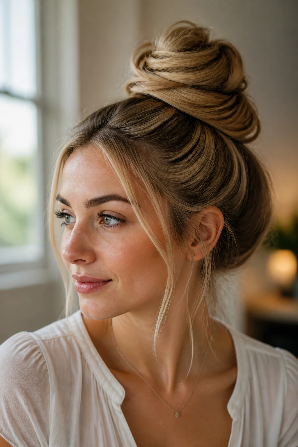 Close-up of a woman with a half-wrapped cinnamon roll hairstyle in a cozy home office