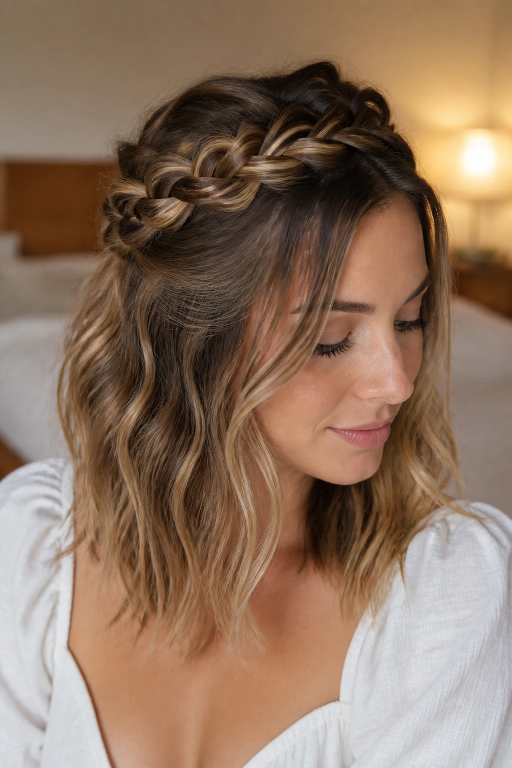 Close-up of a real woman with a half-up bohemian crown braid