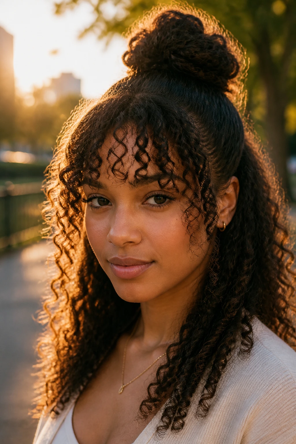 Close-up portrait of a real woman with a half-up curly top knot and bangs