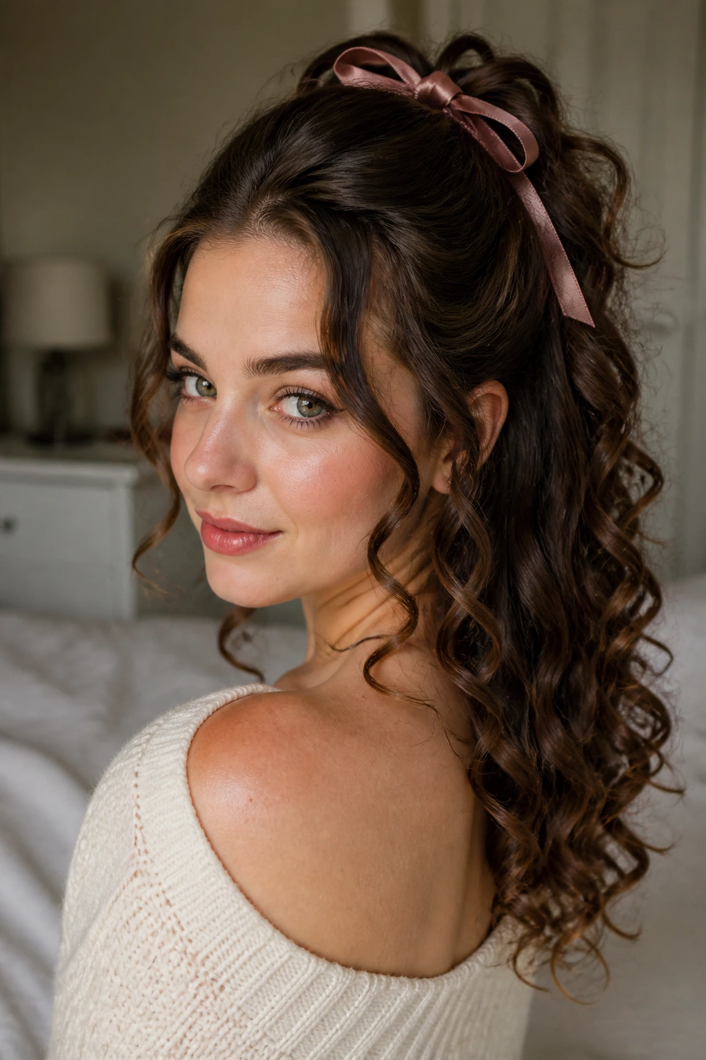 Close-up of a real woman with half-up curls and ribbon accent.